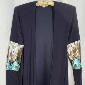 Womens Bo Bel Navy Blue Open Front Sequin Southwest Aztec Cardigan Duster Small